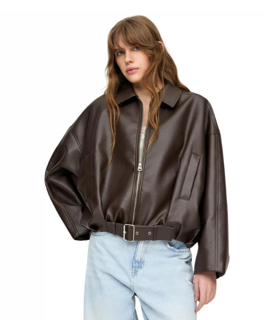 Yamia™ Oversized Leather Jacket with Belt