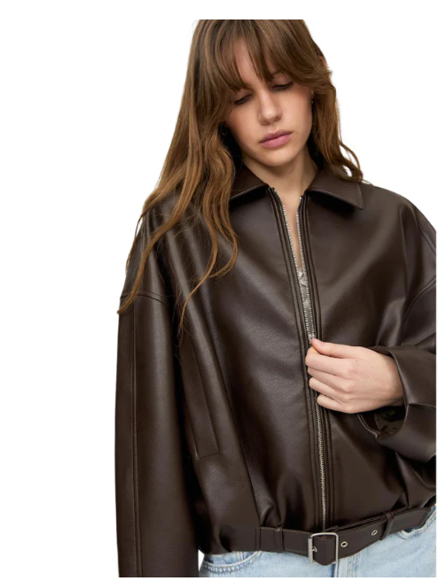 Yamia™ Oversized Leather Jacket with Belt