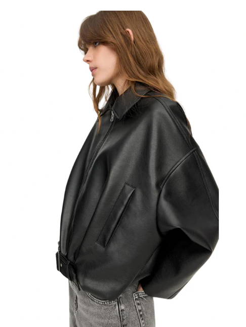 Yamia™ Oversized Leather Jacket with Belt