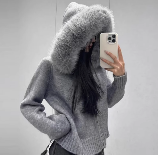 Yamia™ Viraler Fellkragen Cardigan / Brown