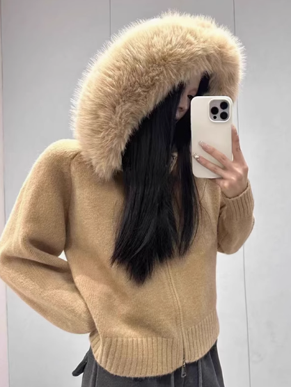 Yamia™ Viraler Fellkragen Cardigan / Brown
