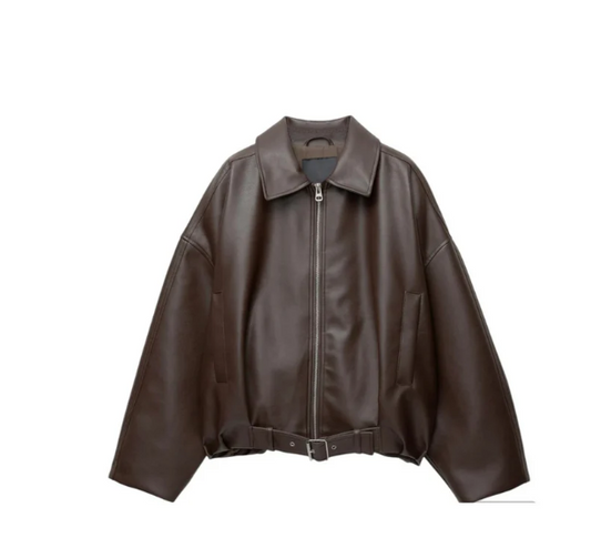 Yamia™ Oversized Leather Jacket with Belt